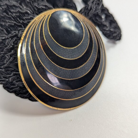 SITI Cloisonne Round Black & Blue Belt Buckle & Black Braided Cord Belt Vintage - Picture 2 of 7